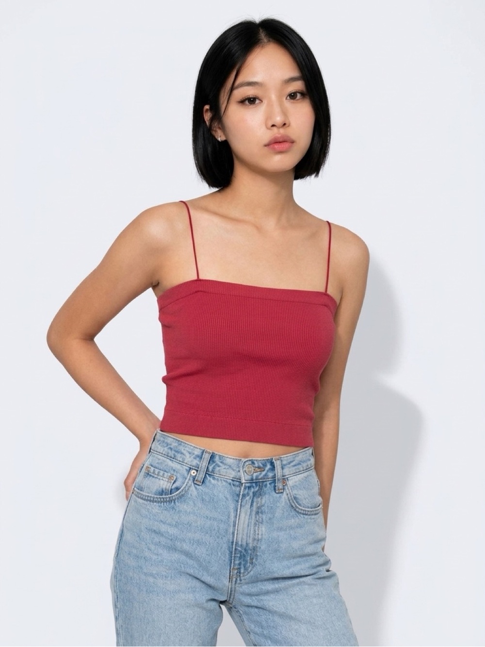 American Eagle Outfitters Red Ribbed Spaghetti Strap Crop Top